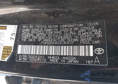 2006 Toyota Prius z USA, uszkodzony, nr VIN JTDKB20UX63140937